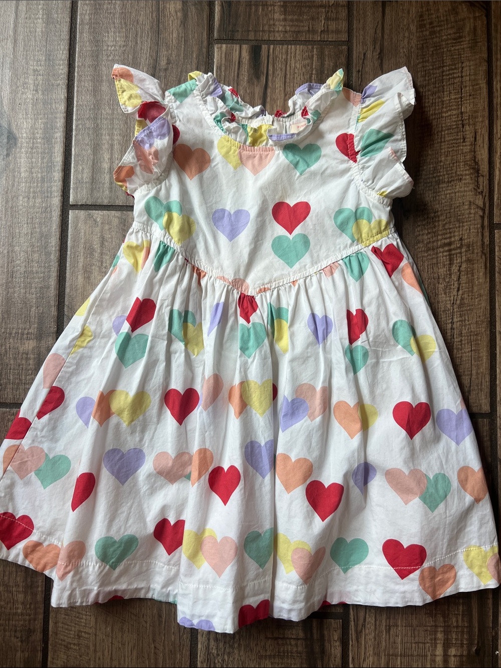 Pink Chicken White Dress with Red, Pink, Purple, Green, Yellow, Peach Hearts